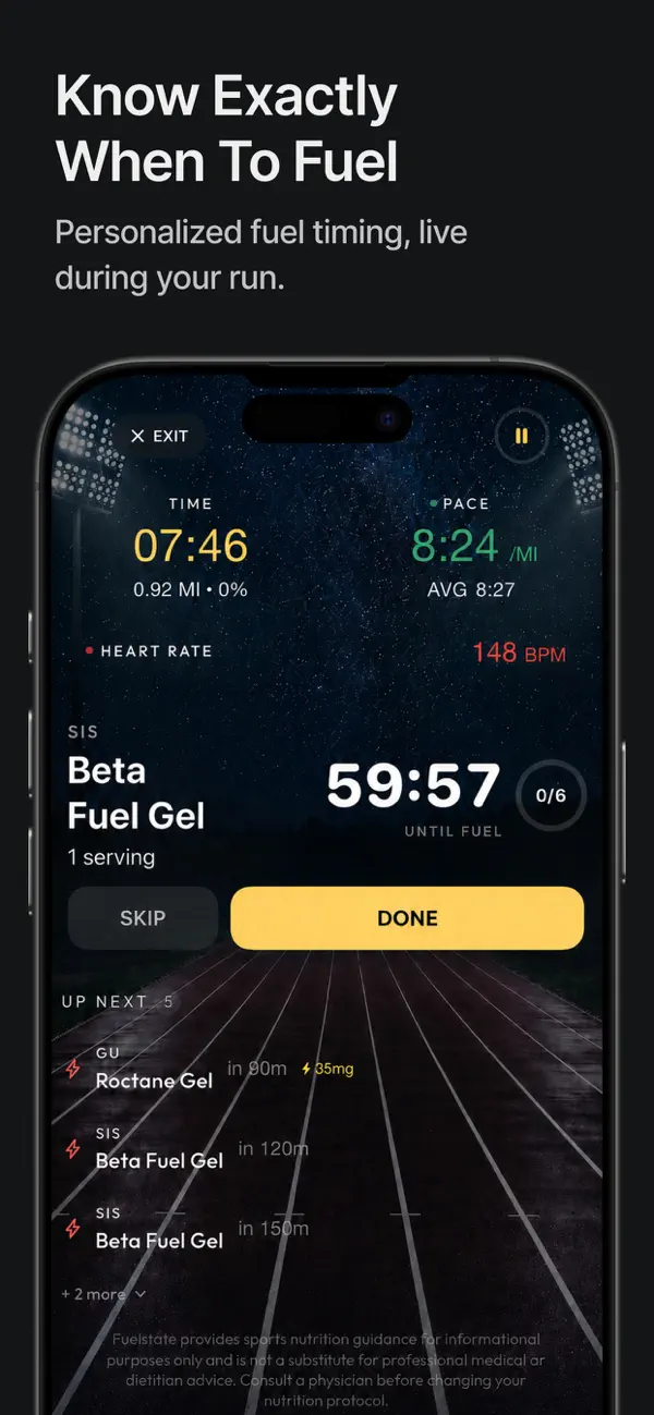Fuelstate iPhone screenshot showing a live run fueling countdown for the next gel, hydration, or sodium cue.