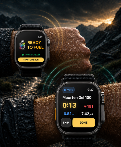 Approved Fuelstate Apple Watch screens showing run readiness and a live fuel prompt with Done and Skip controls.