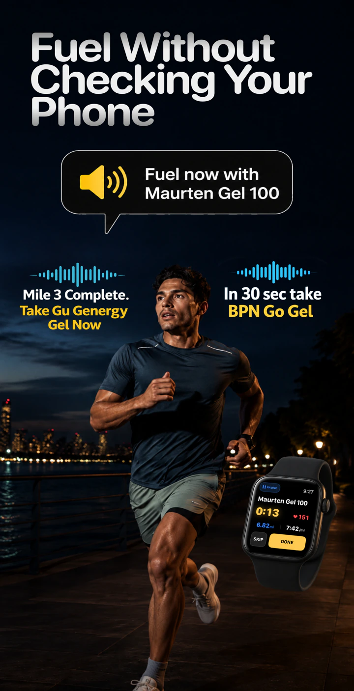 Fuelstate hands-free fueling cues and Apple Watch prompt during a run.