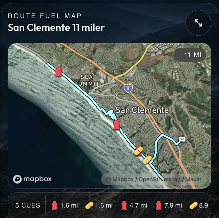 Fuelstate route map showing product-specific fuel cue waypoints distributed along a course.