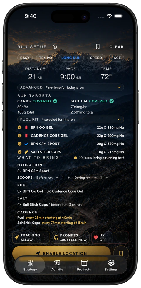 Fuelstate strategy with run targets, selected products, packing guidance, and fuel cadence